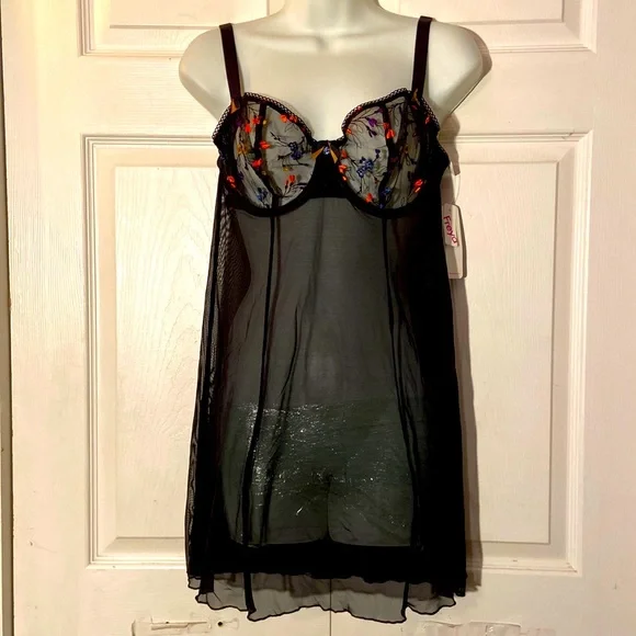 FREYA Set Twin Black/Noir Slip Babydoll Mesh Nylon Embroidered Bra sz 30 G NWT